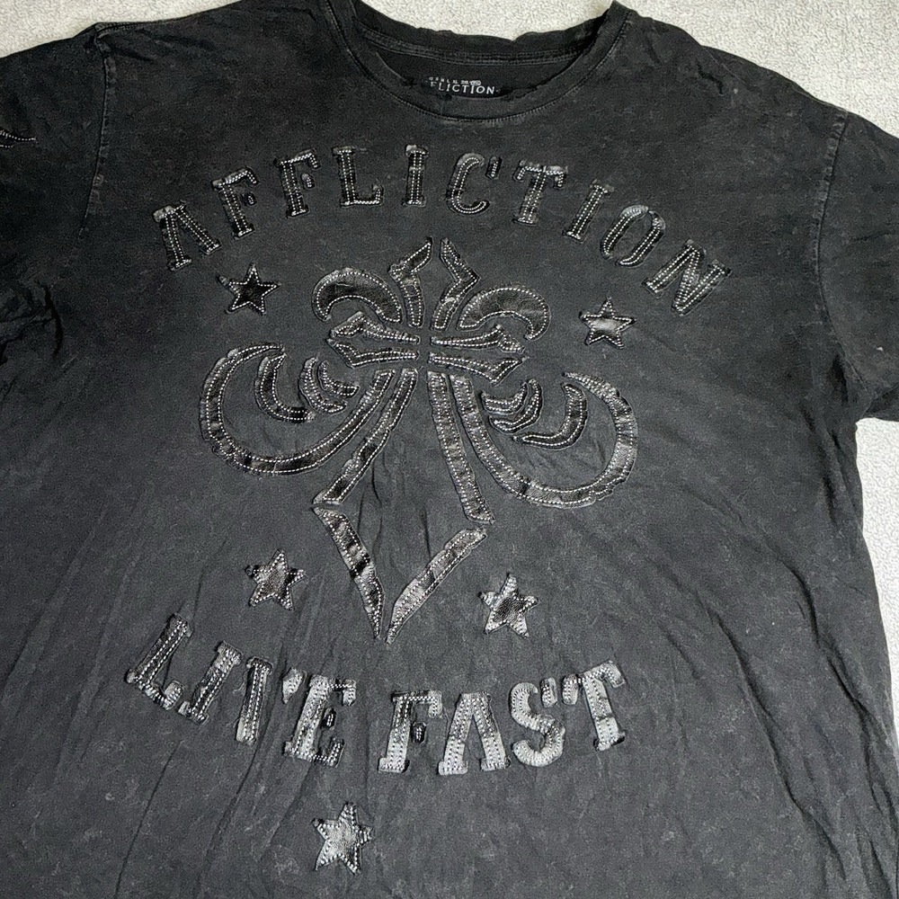 AFFLICTION Live Fast Black Leather‎ Graphics Skull Wings Fleur T-Shirt Men 3XL